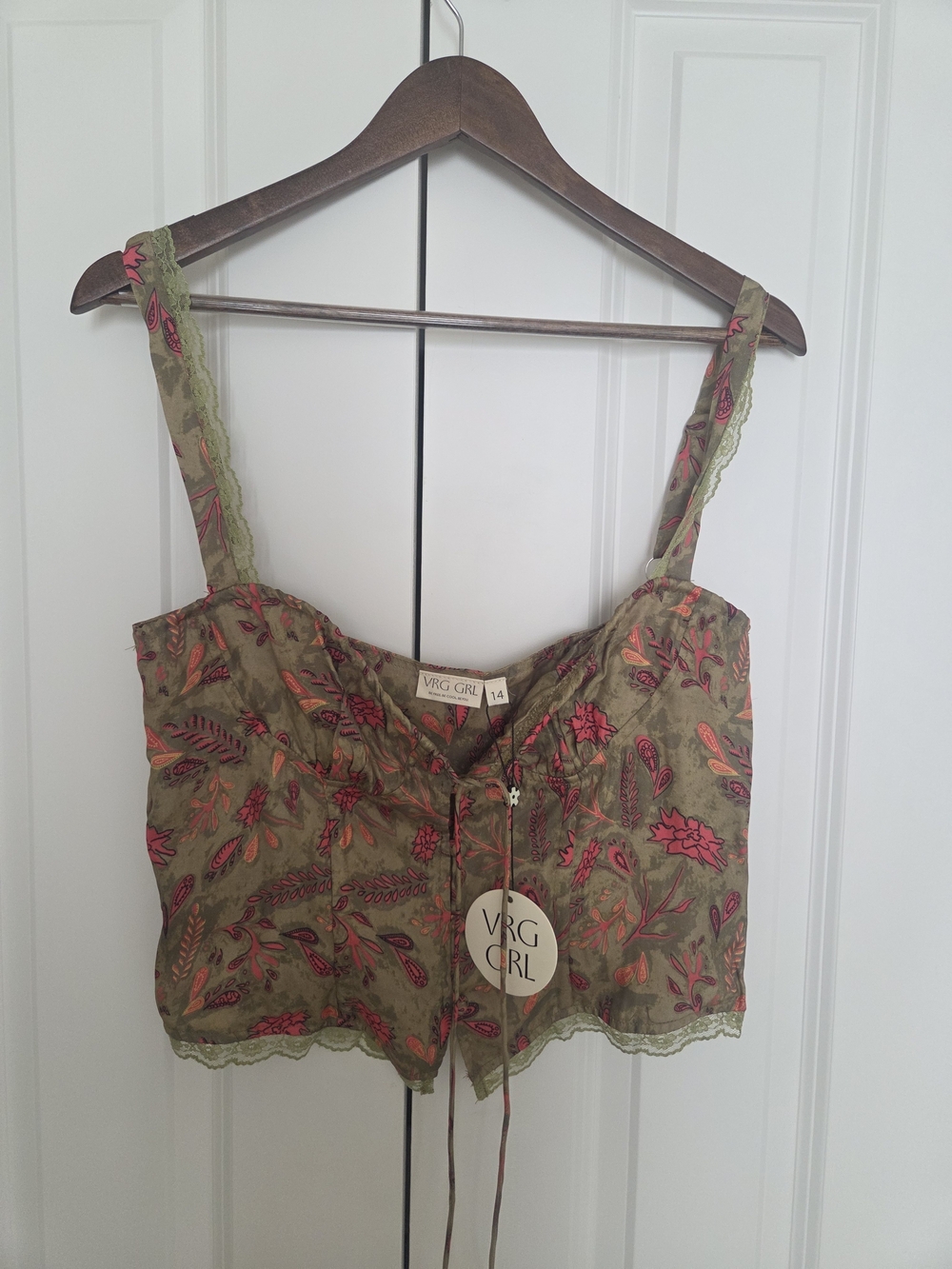 VRG GRL Olive Floral Lace-Trim Cami Top Corset Size 14  New